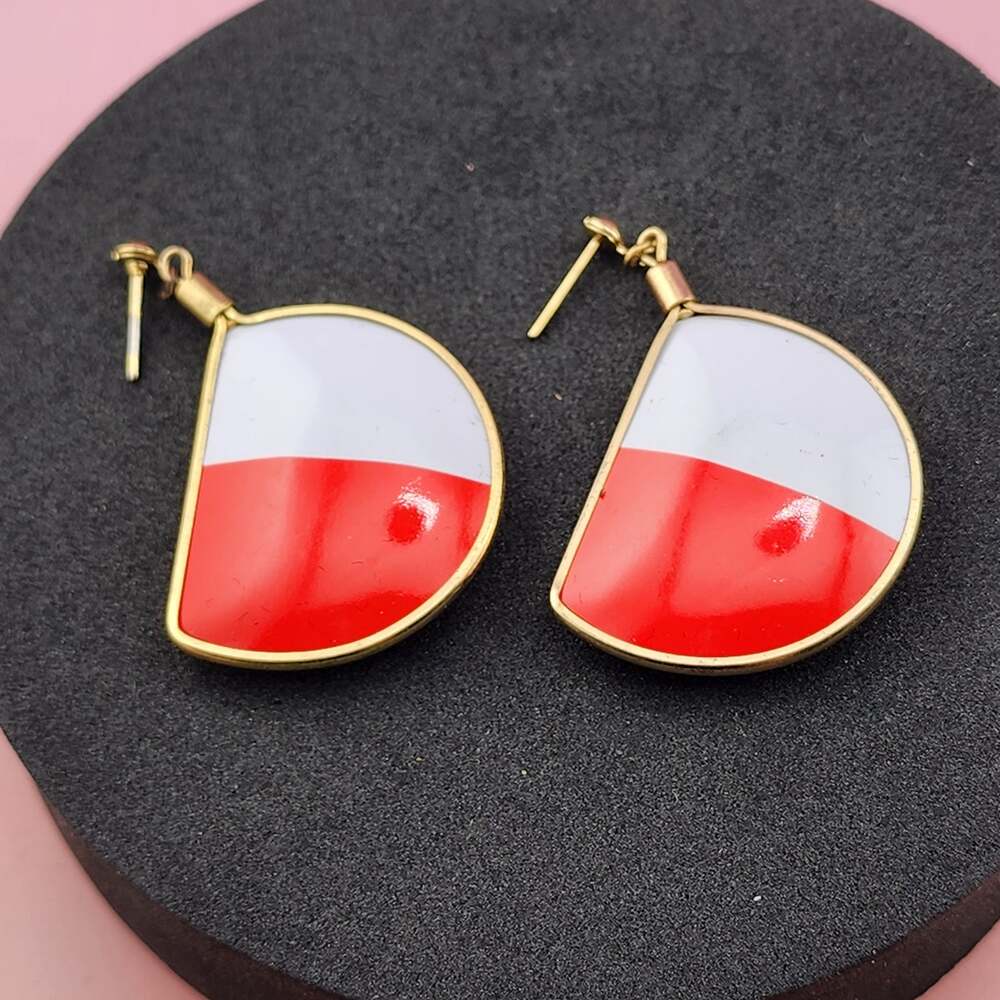 Vintage 80s Red White Enamel Fan Drop Earrings Gold Tone Mod Retro Statement
